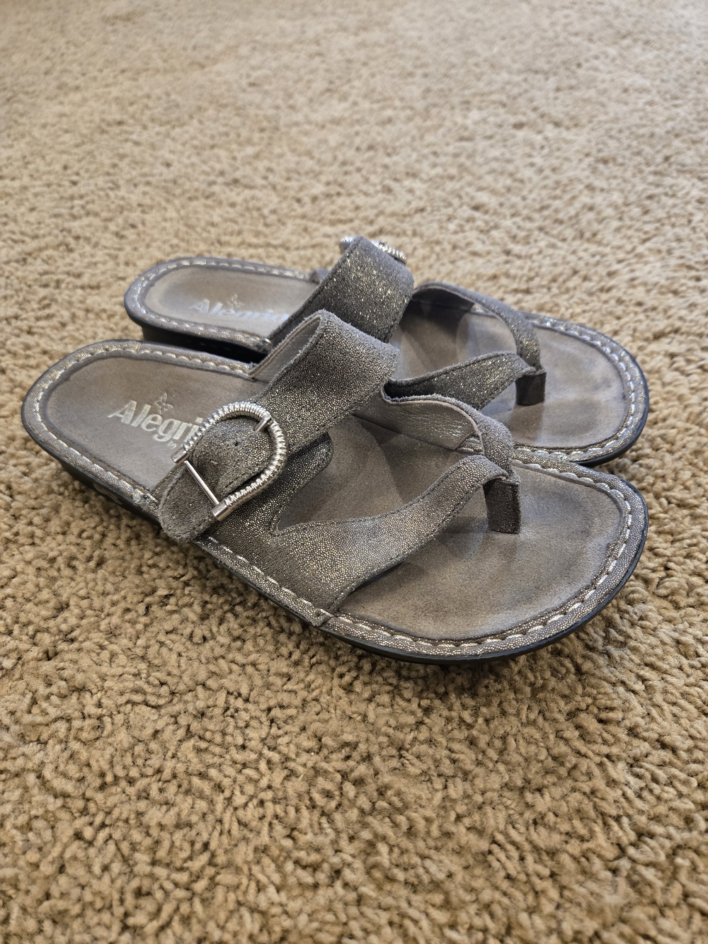 Alegria Metallic Gray Buckle Thong Sandals